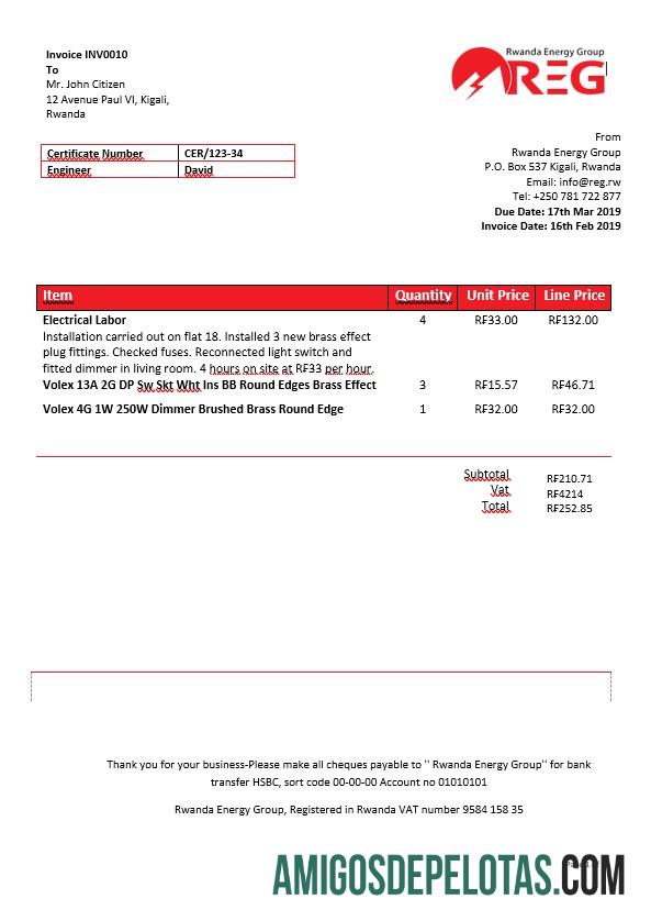 Conta de eletricidade do Grupo de Energia de Ruanda em formato Word exemplo real